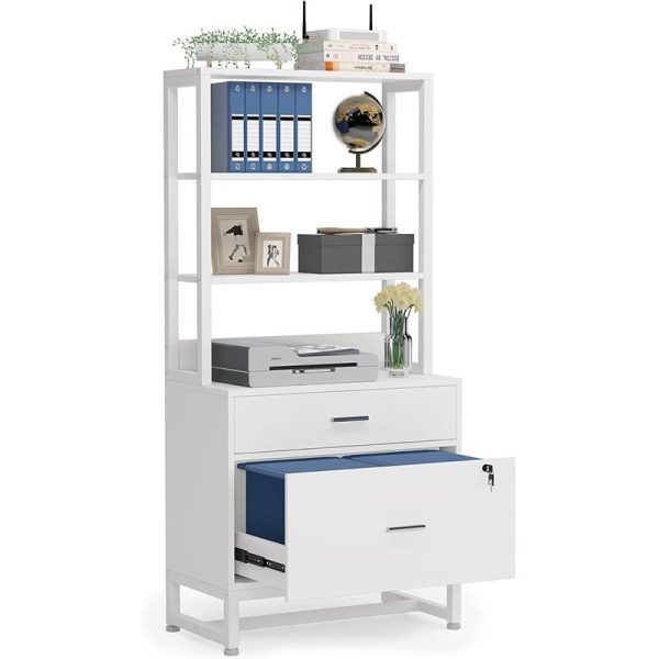 product-open-256cbe10429c4cc79f241146ae93822f-goods LustreC 2 Drawer Vertical File Cabinet with Lock & Bookshelf, Letter Size Large Modern Filing Cabinet Printer Stand with Open Storage Shelves for Home Office, White