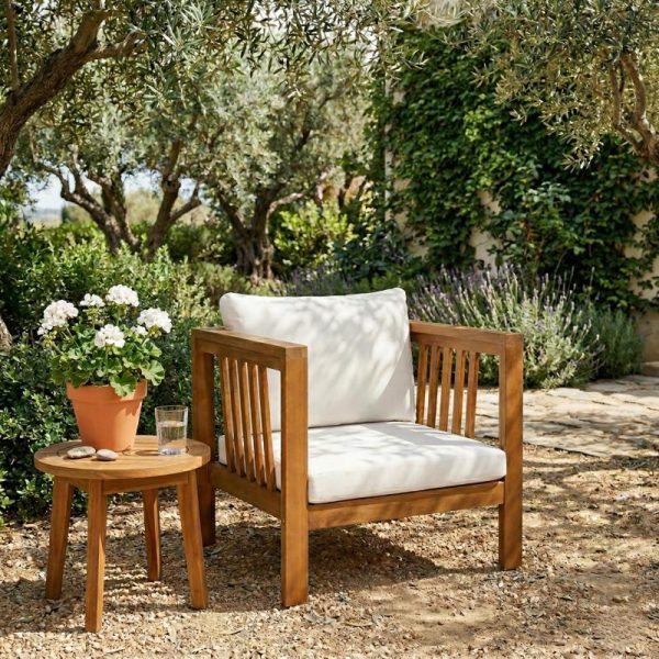 product-open-25d86601c7a94ea99606339dbe0040c1-goods Outdoor Acacia Wood Club Chair with Modern Square Arms, Patio Chair with Thick Cushion, Adjustable Leveling Feet for Poolside, Backyard And Deck, Beige Cushion