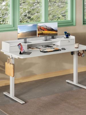 55×28 Inch Electric Standing Desk with Drawers | 3 Adjustable Height, Storage Shelf, Built-in USB Outlet, Memory Preset, Sit to Stand, Contemporary Style, White, Engineered Wood Top, Box Drawers, Floor Mount, by GALAXHERO
