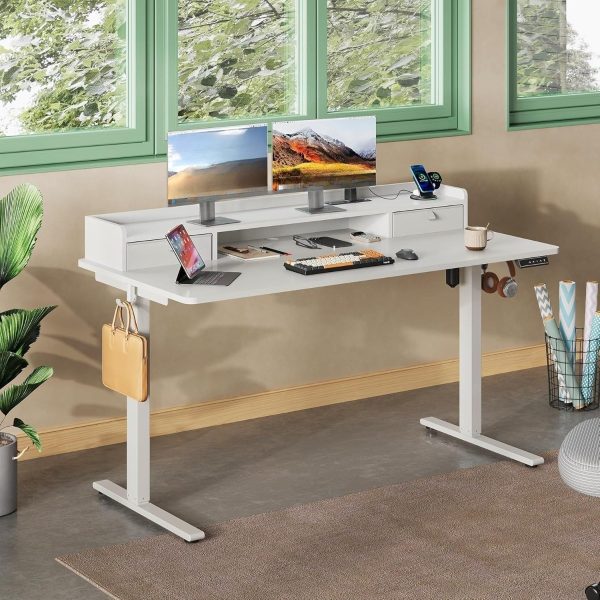 product-open-2627d43ac80545e2916ee06ab6088a26-goods 55×28 Inch Electric Standing Desk with Drawers | 3 Adjustable Height, Storage Shelf, Built-in USB Outlet, Memory Preset, Sit to Stand, Contemporary Style, White, Engineered Wood Top, Box Drawers, Floor Mount, by GALAXHERO