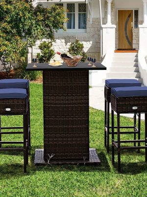 LIFEZEAL 5pcs Outdoor Patio Rattan Bar Table and 4 Stools with Hidden Storage Shelf, Cushion Chairs - -Weather PE Rattan & Frame, Red/Black/Navy/Beige Wicker Furniture for Poolside,, Backyard (Complete Set)