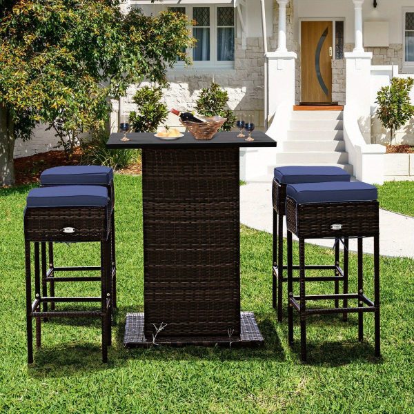 product-open-26a4d740efca45288b434ff53fe55c78-goods LIFEZEAL 5pcs Outdoor Patio Rattan Bar Table and 4 Stools with Hidden Storage Shelf, Cushion Chairs - -Weather PE Rattan & Frame, Red/Black/Navy/Beige Wicker Furniture for Poolside,, Backyard (Complete Set)