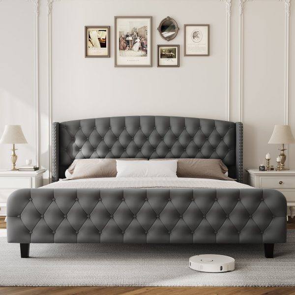product-open-28269276f1874b309cb270845fd85020-goods Modern Queen Platform Bed Frame with Wingback Headboard - Cream Beige Suede Upholstery, Deep Button Tufted, Sturdy Slats & Noise-Free Base, No Box Spring Required, Easy Assembly Suitable for Luxury Bedroom Furniture