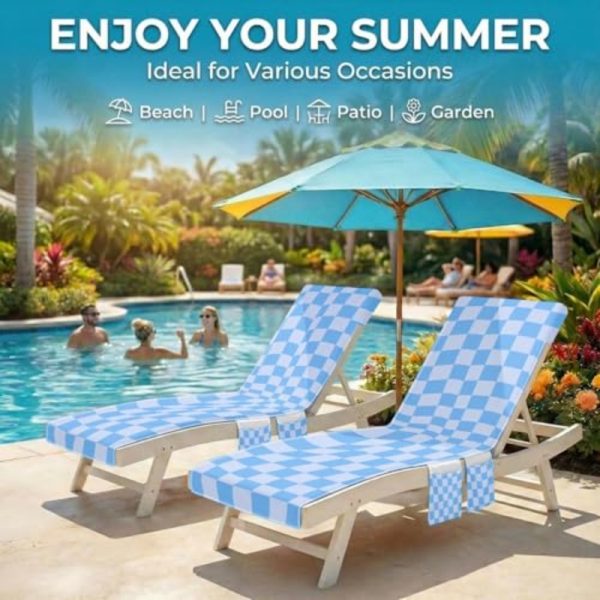 product-open-2837ea77a36d4647b9ab5b59d9d00572-goods Lounge Chaise Chair Towel Covers Pack of 2, Beach Chair Cover with 3 Pockets for Pool Outdoor Beach Garden Patio Trips, 85 X30in (Blue Checkerboard)