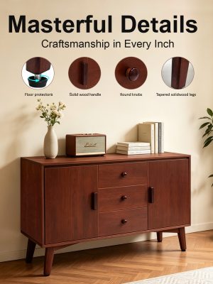 47. 3" Mid Century Modern Sideboard Buffet Cabinet, Kitchen Buffet Cabinet with Solid Wood Frame Legs and Wooden Handle, Storage Cabinet with 2 Doors and 3 Drawers for Kitchen, Dining, Living Room, Walnut