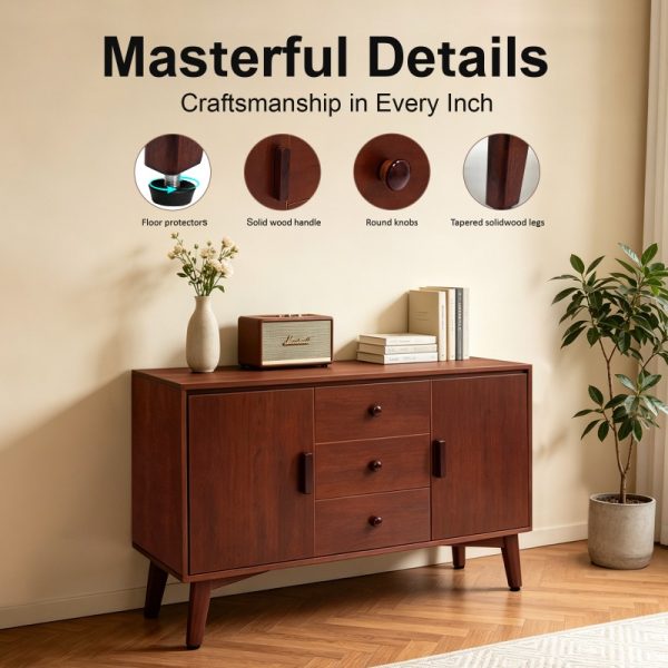 product-open-284f82e2440d4765b3be9d702dd6d786-goods 47. 3" Mid Century Modern Sideboard Buffet Cabinet, Kitchen Buffet Cabinet with Solid Wood Frame Legs and Wooden Handle, Storage Cabinet with 2 Doors and 3 Drawers for Kitchen, Dining, Living Room, Walnut
