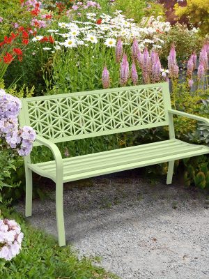 50" Outdoor Bench Metal with Floral Back, Garden Bench Front Porch Bench for Yard Patio Entryway Park Outside, 800lb Capacity