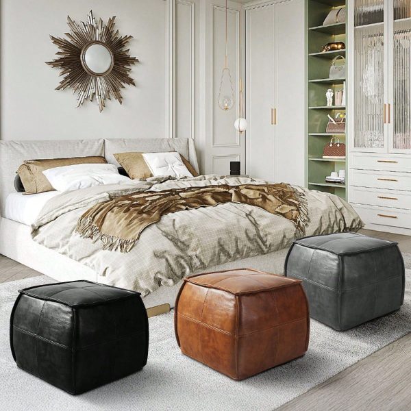Leather Ottoman, Handmade Stuffed Square Ottoman, Genuine Leather Pouf, Foot Rest Pouf, Comfortable Soft Seating for Living Room& Bedroom(Brown, Black, Grey, Square)