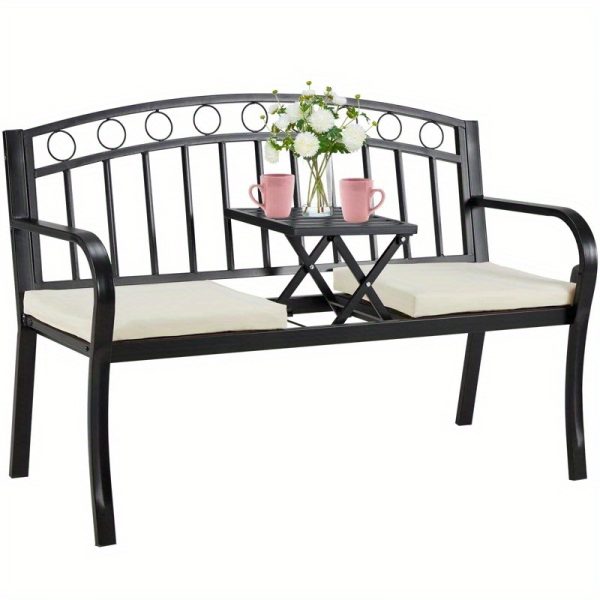 [Outdoor Patio Bench] Outdoor Patio Garden Bench Peacock Feather Backrest, Cast Iron Frame, Comfortable Seat for Yard, Porch, or Park