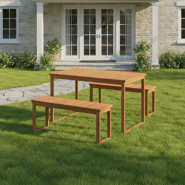 3pcs Patio Dining Set, Acacia Wood Rectangular Picnic Beer Table with 2 Benches for 4 People, Outdoor Dining Furniture Set for Backyard, Garden and Poolside