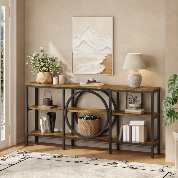 product-open-29d23acfa7b9492dae41358ea23f0ca6-goods Industrial Farmhouse Console Table - Extra Long 66.9 Inch Narrow Sofa Table with 3-Tier Reclaimed Wood Shelves & Sturdy Metal Frame, Space-Saving Storage Cabinet for Entryway, Hallway, Living Room - Easy Assembly, 50lb/Shelf Capacity, Entryway Organizer | Industrial Chic | Elevated Metal Legs