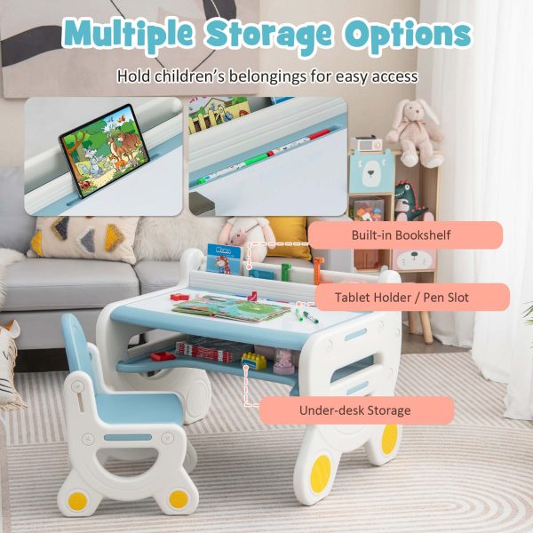 product-open-2a8871c71def4421a46ec23211513156-goods COSTWAY Kids Table and Chair Set with Graffiti Desktop, Bookshelf & Storage Shelf, Watercolor Pens & Eraser - Anti-Slip Foot Pads, Durable Plastic Activity Table and Chair Set for Ages 3-8 Years, Easy Assembly, Space-Saving Design with Lower Storage