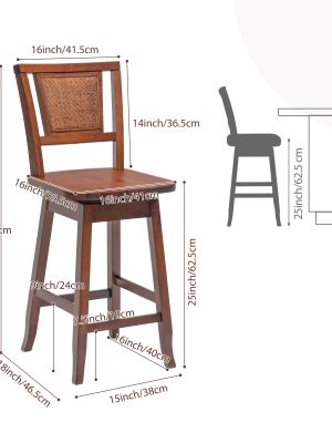 2pcs Swivel Bar Stools with 360° Rotating Seats & Rattan Backrest & Footrests - Heavy-Duty Rubber Wood Counter Height Chairs (24.5"), Wide for Kitchen Island, Bar, Cafe - Assembly, Sturdy for &, Vintage Style