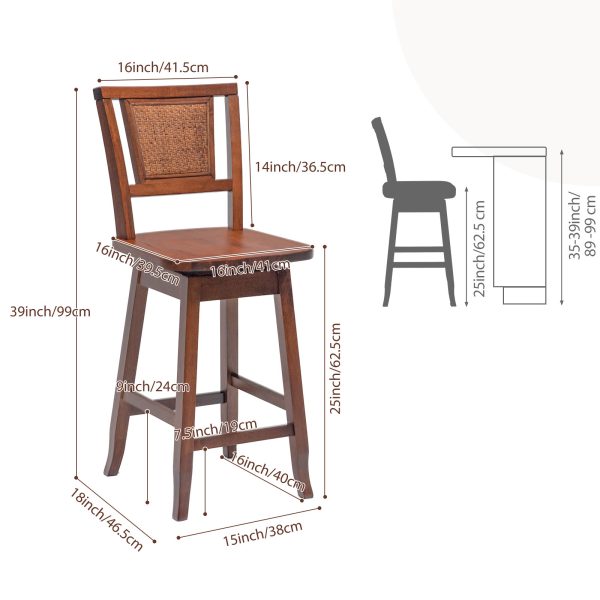 product-open-2afee34d0b7f41a991616712dd8d71bc-goods 2pcs Swivel Bar Stools with 360° Rotating Seats & Rattan Backrest & Footrests - Heavy-Duty Rubber Wood Counter Height Chairs (24.5"), Wide for Kitchen Island, Bar, Cafe - Assembly, Sturdy for &, Vintage Style