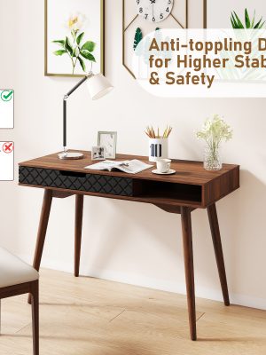 Mid-Century Modern Computer Desk | Home Office Desk with Drawer & Open Compartment, Laptop PC Desk with Rubber Wood Legs, Makeup Vanity Table, Vintage Writing Desk Workstation for Study, Bedroom, Brown Hardwood and Artificial Board, Freestanding
