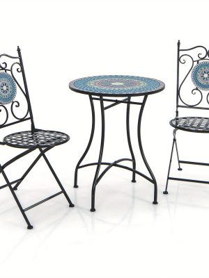 GYMAX 24 Inch Patio Bistro Table, Mosaic Round Table w/ Ceramic Tile Tabletop, Heavy-Duty Metal Structure, Decorative Outdoor Dining Table for Backyard, Garden, Porch, Living Room