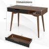 product-open-2b6f9e069352419d86f8afe16ad04dda-goods Mid-Century Modern Computer Desk | Home Office Desk with Drawer & Open Compartment, Laptop PC Desk with Rubber Wood Legs, Makeup Vanity Table, Vintage Writing Desk Workstation for Study, Bedroom, Brown Hardwood and Artificial Board, Freestanding