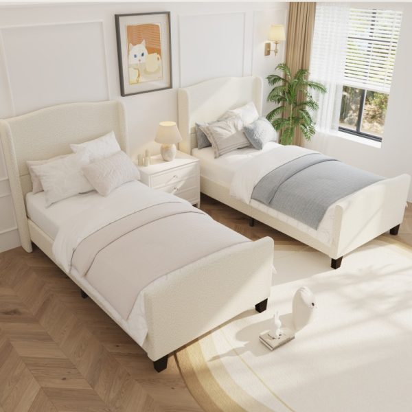 product-open-2b8e8b8543db4875872c47f1f1bd3edf-goods Twin Size Bed Frame with 49. 21"High Back Upholstered Headboard and 27. 17" High Footboard, Teddy Velvet, 12 Slat Support, Solid Wood Feet, No Box Spring Needed White