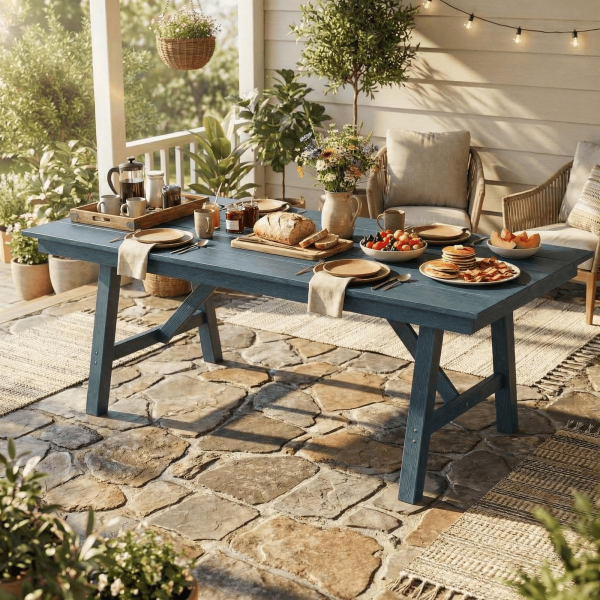 product-open-2bb97d06d988431a8a003f8d4547e58c-goods 66.9" Outdoor Dining Table for 4-6, HDPE Patio Table with Umbrella Hole, Waterproof All-Weather Rectangular Table for Backyard, Poolside & Garden