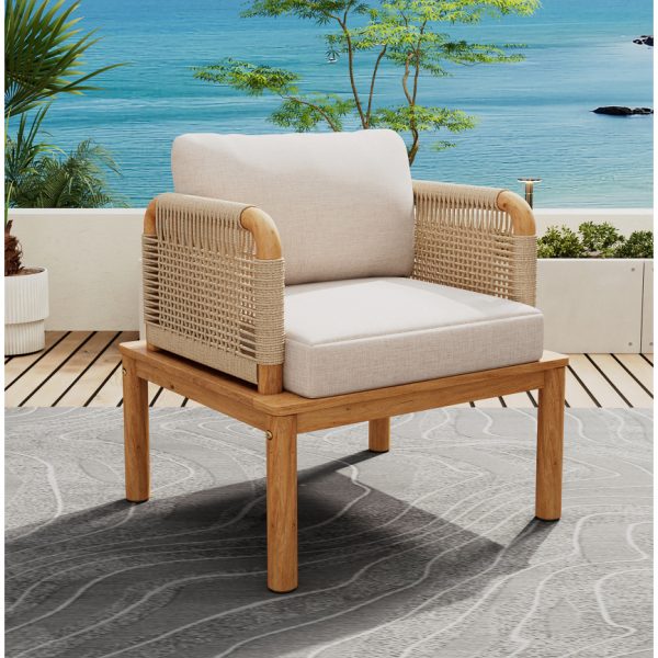 product-open-2c5eea6dc67e4800b4b4e481103b4c9f-goods Outdoor Acacia Wood Rope Club Chair, Waterproof Cushioned Patio Dining Chair, Weather Resistant Patio Lounge Chair for Backyard Garden Porch Balcony, Easy Assembly Deep Seat Conversation Accent Chair with Removable Washable Beige Teak Cushion