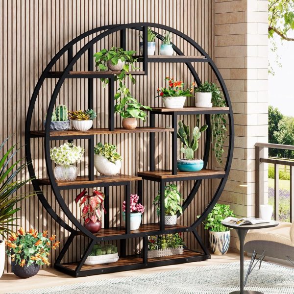 product-open-2d842754cf074af1a25924cf9d90bab5-goods 63 Inch Round Industrial Bookshelf - Rustic Wood & Metal Etagere Bookcase with Staggered Shelves, 350lb Capacity, Adjustable Leg Pads, Matte Black & Brown Finish, Open Shelving Organizer for Living Room, Home Office, Bedroom, Kitchen, Bookshelf Decorations, Versatile Display Shelf, Round Silhouette Shelf, Durable Particleboard