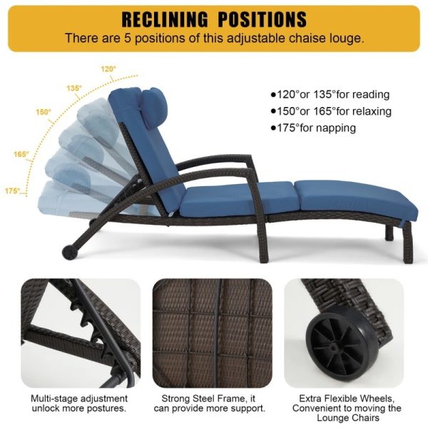 product-open-2e20b4de676b4afd9041729281a4e4c0-goods Set of 2 Outdoor Wicker Chaise Lounge Chairs with Cushions, 5-Position Adjustable Patio Rattan Recliners with Wheels for Pool, Garden & Balcony