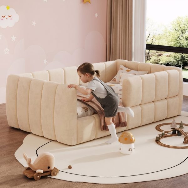 product-open-2e57cc4613864e4da23641de1a68e188-goods Upholstered Floor Daybed with Removable Guardrails, Compatible with Standard US Mattresses, Safety Bed with High Headboard And Footboard, Beige