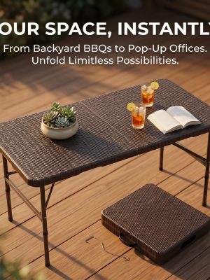 4ft Adjustable Height Patio Table, Outdoor Foldable Plastic Picnic Table, All-Weather Design