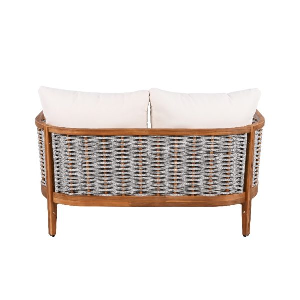 2pcs Acacia Patio Furniture Set, Outdoor Unique Tub Design Loveseat with Woven Rope Table, Deep Seating with Soft Cushions for Porch, Garden, Backyard, Balcony, Teak End And Beige Cushion