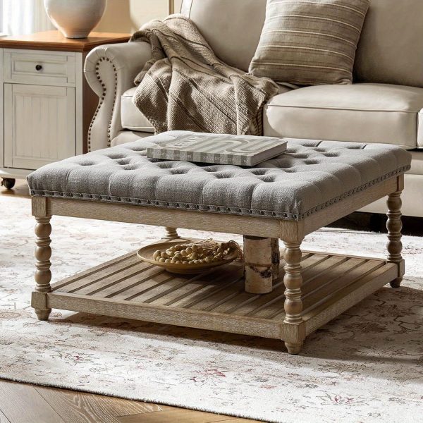 product-open-302e3571f56a47e38eb4dfeb60eab863-goods Rectangular Upholstered Coffee Table Ottoman Featuring Spindle Wooden Legs, Tufted Design, And a Solid Wood Storage Shelf for The Living Room