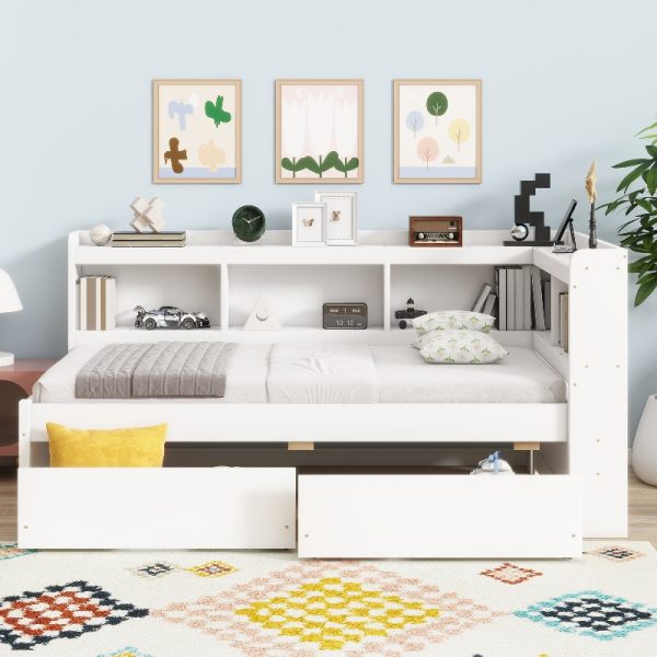 Twin Size L-Shaped Bookcase Bed with Bookshelf Headboard & Two Drawers - Space-Saving Storage Bed Frame, Modern Suitable for Small Rooms, Dorms, Apartments, No Assembly Required (No Wood)