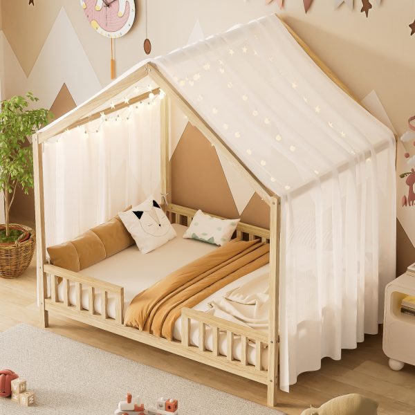 product-open-30957402bc6c4c6b9aec00a2e08ffc08-goods Full Bed Frame for Kids, House Shape Bed Frame with High Railings, Wood Kids Bed with Roof, Kid Full Bed, Natural