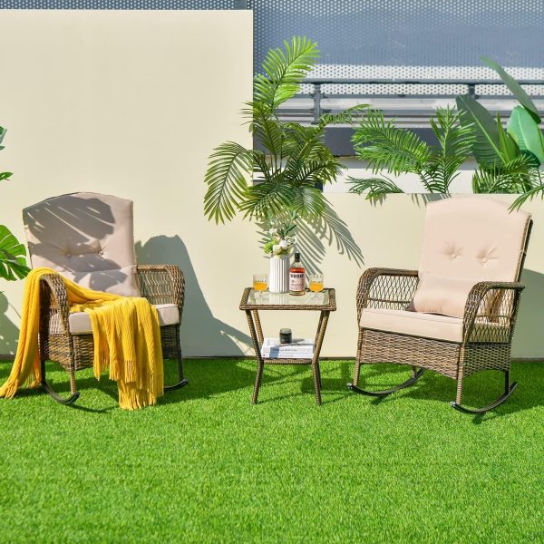 2026 New Courtyard Dining Tables and Chairs, 2pcs Outdoor Wicker Rocking Chair Set, Rattan Rocking Chair with Thick Cushions & High Back, All-Weather Wicker Rocking Bistro Set for Porch, Patio, Balcony