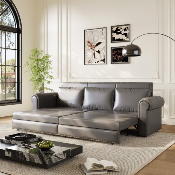 product-open-30a3ff09d69b4d858b3d1d9ed59f89c6-goods Modern Convertible Sofa Bed 93.7' Space-Saving Sleeper with Pull-Out Design Three-Seater Leather Folding Transformable Durable Luxurious Suitable Adjustable Backrest Plush Cushions Cozy for Living Room