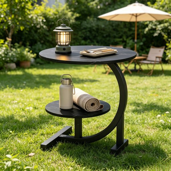[Outdoor Patio Table] 2-Tier Outdoor Patio Side Table, C-Shaped Weather Resistant Faux Marble End Table with Sturdy Metal Frame, Perfect for Garden, Backyard, Balcony, Poolside, Small Spaces, Indoor & Outdoor Use