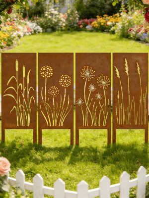 4pcs Rural Reed Dandelion Garden Decoration Screens, Courtyard Decoration, Spring Fence Decoration, Spring Garden Decoration, Outdoor Sculpture Decoration, Garden Privacy Screen
