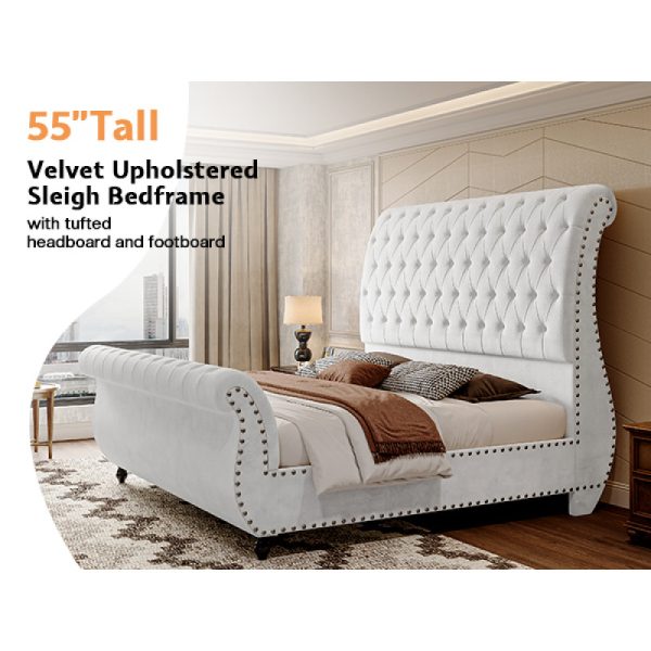 product-open-3139e812d72f4ed498e02ed57e59314f-goods Luxurious Velvet Upholstered Sleigh Bed with Elegantly Scrolled Headboard and Footboard, Featuring a Button-Tufted Base, Box Spring Not Needed
