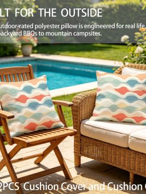 Outdoor Pillows 2pcs Set with InsertWave Pattern Outdoor Cushion (17.72inch) Features a Seamless Design of Wavy Lines in Pastel Colors, Creating a Retro-inspired Aesthetic. Versatile as a Seat or Backrest, Perfect for Patios, Gardens, or Lounges. D