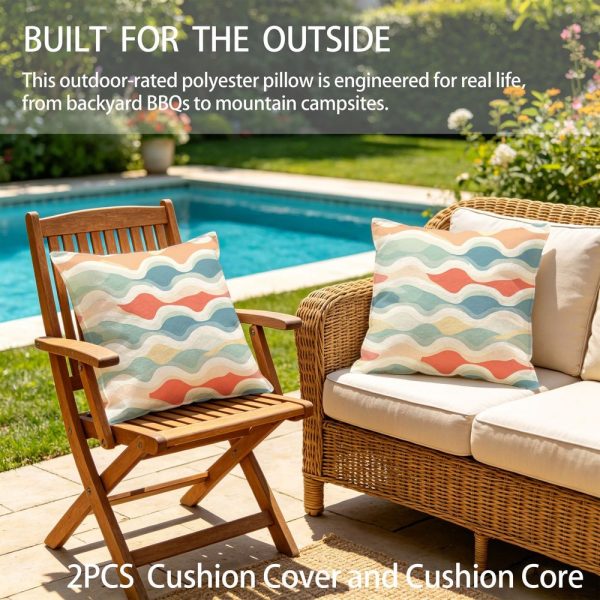 Outdoor Pillows 2pcs Set with InsertWave Pattern Outdoor Cushion (17.72inch) Features a Seamless Design of Wavy Lines in Pastel Colors, Creating a Retro-inspired Aesthetic. Versatile as a Seat or Backrest, Perfect for Patios, Gardens, or Lounges. D