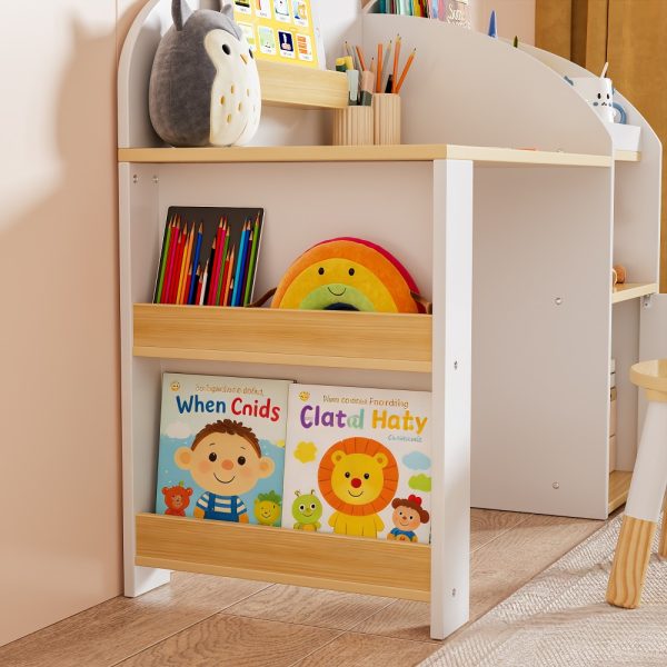 product-open-3268c4dd0f1e497ba0474f1eb21a4b0e-goods Kids Desk And Chair Set with Storage And 1 Stool, Wooden Kids Desk W/ 2 Storage Cabinets And Bookshelves, Children Writing Drawing Table, Student Kid Study Table for Boys, Girls