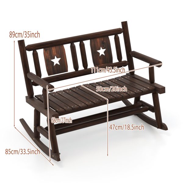 MULTIGOT 2-Person Carbonized Wood Rocking Bench with Ergonomic Seat & Arms - Rustic Log Design Heavy-Duty Outdoor Loveseat Rocker Chair, 400lb Capacity, Smooth Rocking Mechanism, All-Weather Resistant for Backyard, Porch