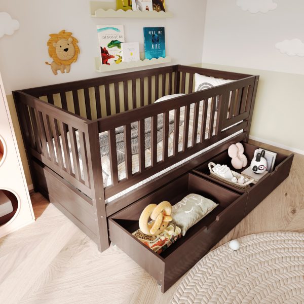 Convertible Bed with Storage Drawers, 3-In-1 Solid Wood Kids Daybed with Removable Guardrails, Compatible with Standard US Mattresses, White