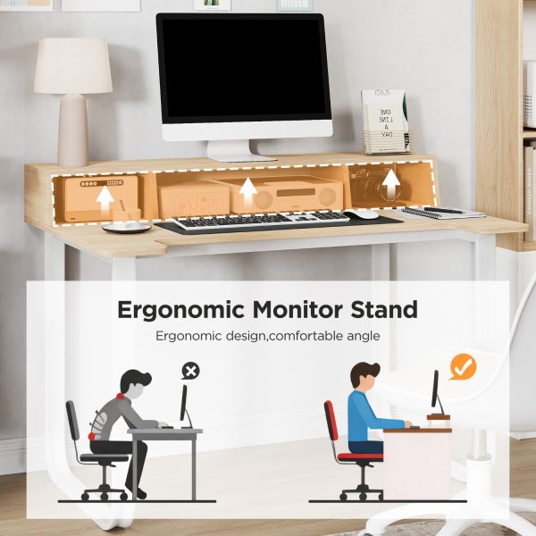 product-open-3349c996c9cb4bafa85e34dca0935ac1-goods 43' Computer Desk with Storage Shelf, Modern Writing Desk with Ergonomic Notch, Stable Steel Frame Workstation for Home Office, Study, Gaming, Quick Assembly, Supports 165 LBS