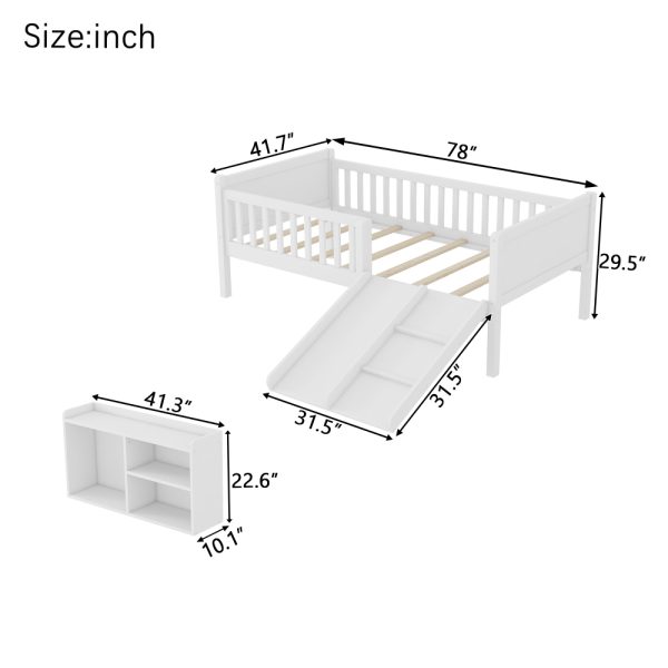 product-open-337758f1c57f41219781e4aa157d5e28-goods Twin Size Low Loft Bed for Kids with Slide, Movable Bookshelf Storage, Guardrails, Low Loft Bed Frame for Kids, White (Expect Arrival Date 2026/4/3)