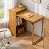 product-open-337b4f3c0a364af99687dda8b4ff4bb9-goods Bamboo Folding Desk for Small Spaces with Storage, Foldable Mid Century Modern Drop Leaf Desk, Vintage Fold Out Hideaway Small Desks for Bedroom Or Home Office