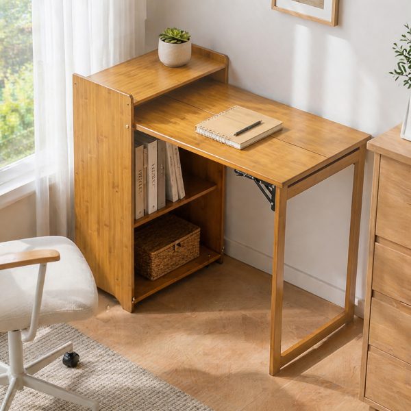 product-open-337b4f3c0a364af99687dda8b4ff4bb9-goods Bamboo Folding Desk for Small Spaces with Storage, Foldable Mid Century Modern Drop Leaf Desk, Vintage Fold Out Hideaway Small Desks for Bedroom Or Home Office