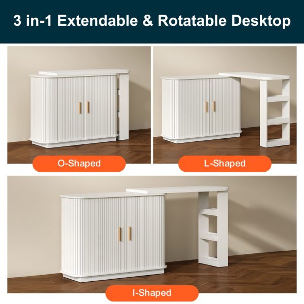 Adjustable Vanity Desk with Rolling Shutter, L-Shape Corner Makeup Table Featuring Shelves, Bedroom Storage Solution in White