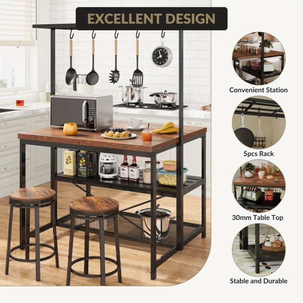 42" Kitchen Island with Storage - 3-Tier Bakers Rack, Microwave Stand, Dining Table for 4, 5 Hooks & 50lb Capacity, Multi-Functional Island for Small Kitchens (Brown)