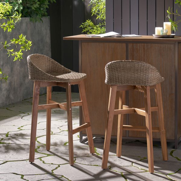 2pcs Set of Solid Wood Frame Rattan Backrest Bar Chairs, Elegant and Sturdy Tropical Style Party Counter Chairs, High Stool Dining Chairs, Suitable for Patio and Backyard Bars