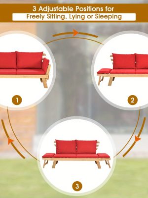 COSTWAY Outdoor Transformable Couch Bed Sturdy Wooden Adjustable Piece with Thick Red Cushion
